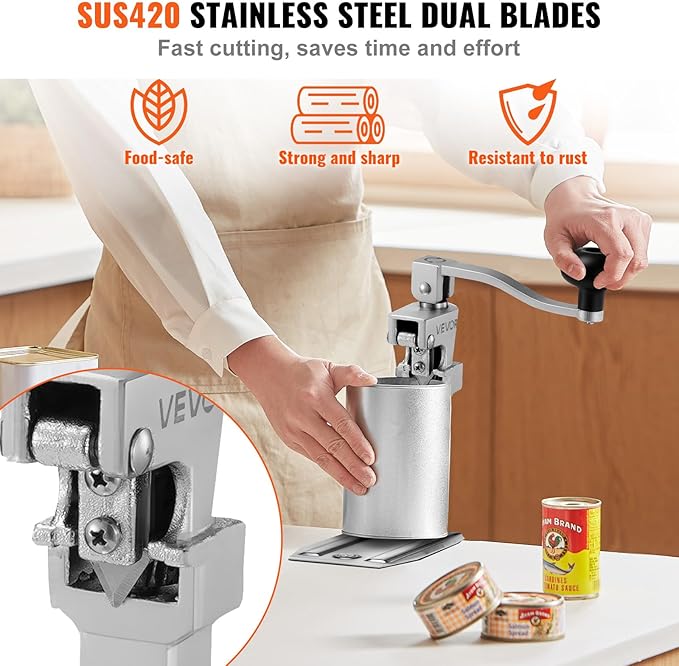 VEVOR Commercial Can Opener, Heavy-Duty Manual Tabletop Cans Opener for Cans Up to 11.8 in Height, Height-Adjustable Professional Can Openers with Stainless Steel Blade, for Restaurant & Food Store