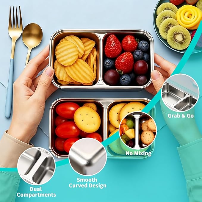 4 Pack Stainless Steel Snack Containers with Lids, Reusable Leak-Proof 2-Compartment Bento Box, Portable Food Storage Lunch Box for Work, Travel, Meal Prep