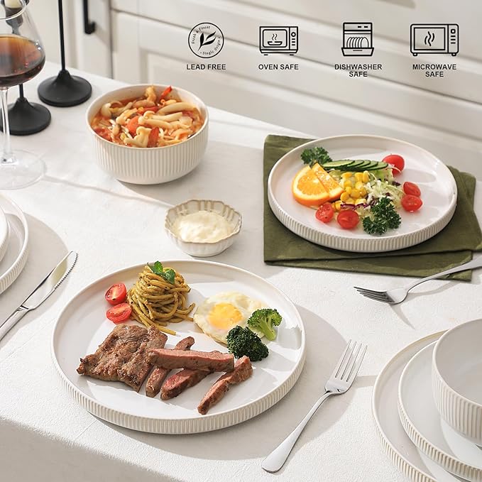 Frewinky Ceramic Dinnerware Sets for 6, Round Reactive Glaze Porcelain Plates and Bowls Sets, Scratch Resistant Modern Dishes Set, Dishwasher & Microwave Safe, Service for 6-White