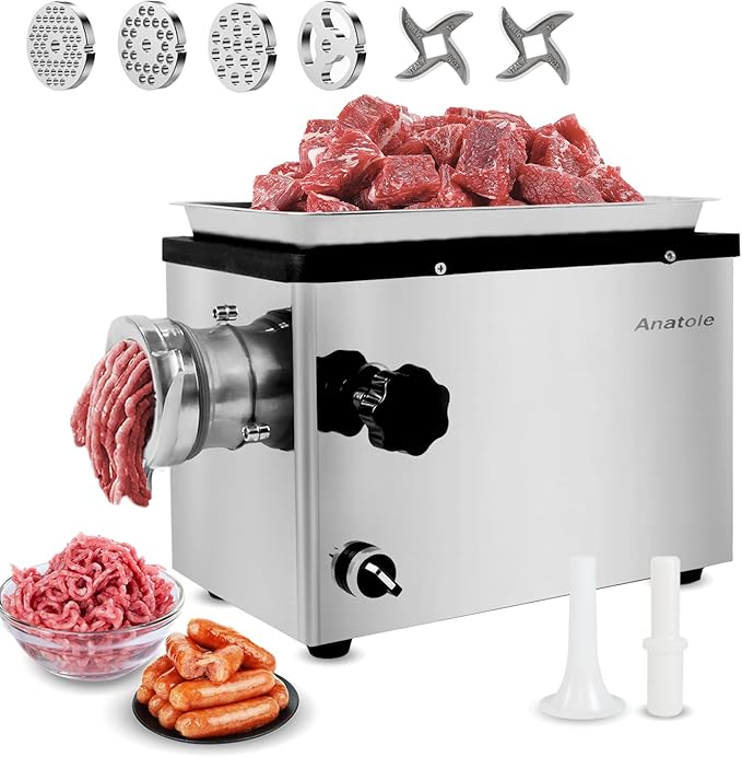 Anatole Commercial Electric Meat Grinder 1.5 HP 1100 W All Stainless Steel Meat Bones Mincer Heavy Duty Sausage Stuffer with 4 Grinding Plate 2 Blades for Restaurant Hotel 110V