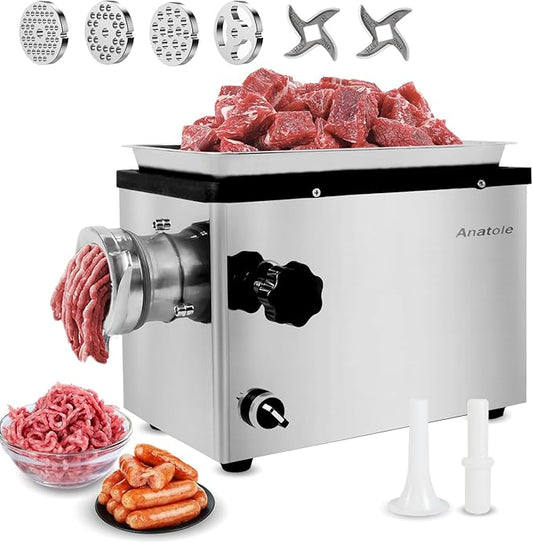 Anatole Commercial Electric Meat Grinder 1.5 HP 1100 W All Stainless Steel Meat Bones Mincer Heavy Duty Sausage Stuffer with 4 Grinding Plate 2 Blades for Restaurant Hotel 110V