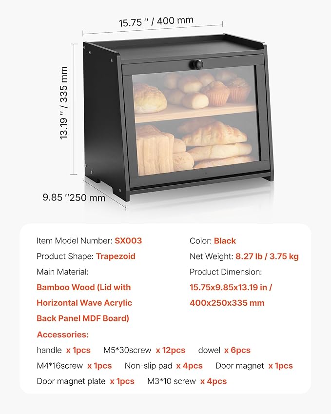 VEVOR Double Layer Bread Box for Kitchen Counter, Large Capacity Bamboo Bread Storage Container, Farmhouse Wooden Breadbox for Homemade Bread, Storage Holder Bin with Acrylic Wavy Door Panel, Black