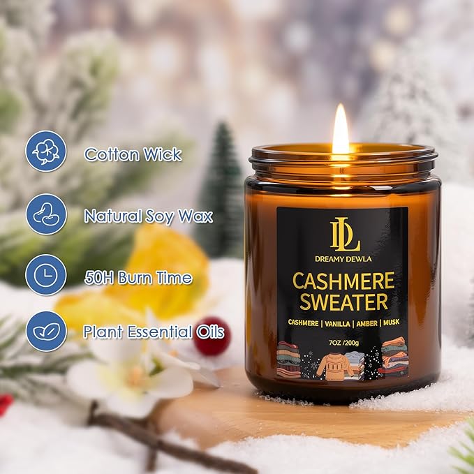 Winter Candle Cashmere Sweater Scented, Natural Soy Candles for Home Scented, 7oz Holiday Candle with 50hr Burn Time, Aromatherapy Candles Winter Holiday Gifts for Women Men