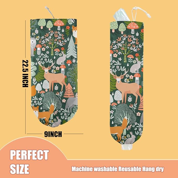 Forest Animals Plastic Bag Holder, Wall Mount Grocery Bag Holder, Plastic Storage bag, Pull Rope Free Adjustment, Plastic Bag Holders for Grocery Bags, Plastic Bag Dispenser for Home Kitchen