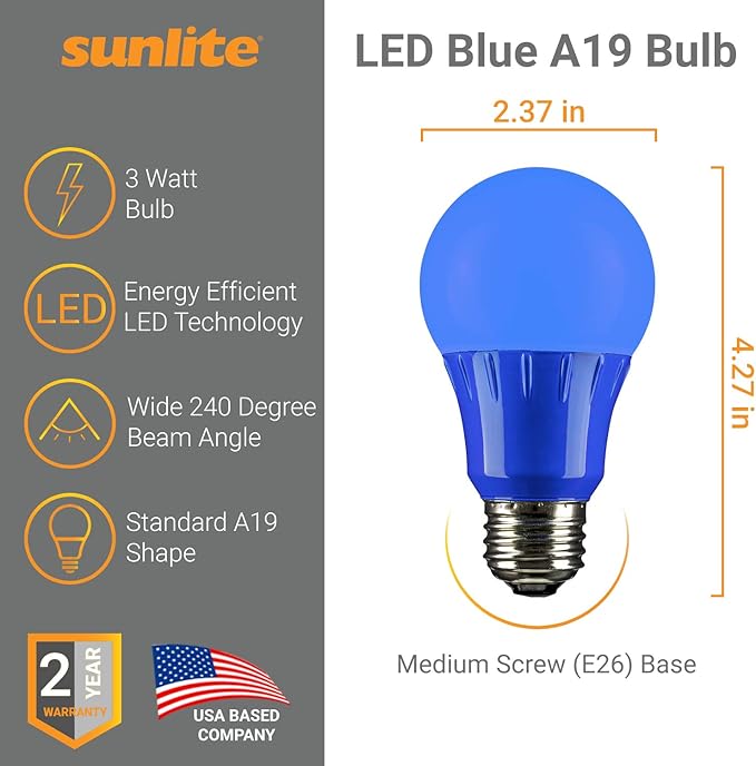 Sunlite 40450 LED A19 Colored Light Bulb, 3 Watts (25w Equivalent), E26 Medium Base, Non-Dimmable, UL Listed, Party Decoration, Holiday Lighting, 3 Count, Blue