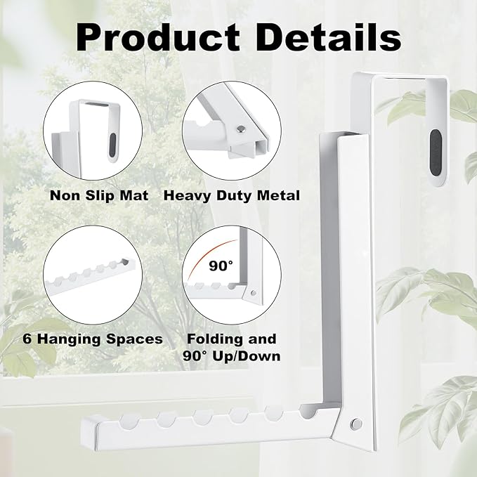 2 Pack Over The Door Hooks Hanger for Clothes, Foldable Over The Door Drying Rack for Laundry, Overdoor Hanger Hook with 6 Groves for Towel, Coat, White