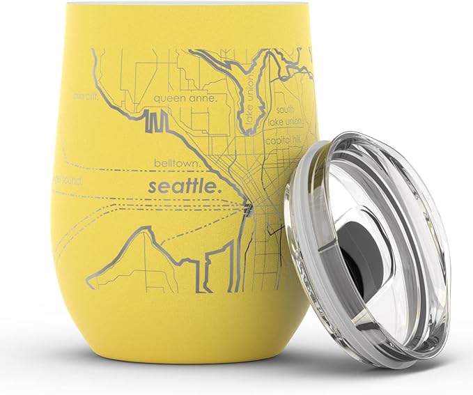 Well Told Engraved Seattle Washington Map Insulated Wine Tumbler, Etched Stainless Steel Cup (12 oz, Sunrise Yellow) City Map Insulated Tumbler, Custom Insulated Tumbler, Outdoor Drinkware