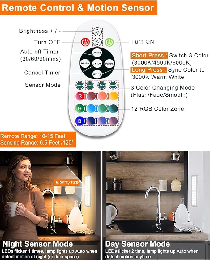 Diomart Under Cabinet Lighting Wireless, RGB Rechargeable Motion Sensor Light Indoor Night Lights, 58 -LED Remote Control Under Counter Lightis for Kitchen, Wardrobe, Hallway, Stairs, Desk(4 Pack)