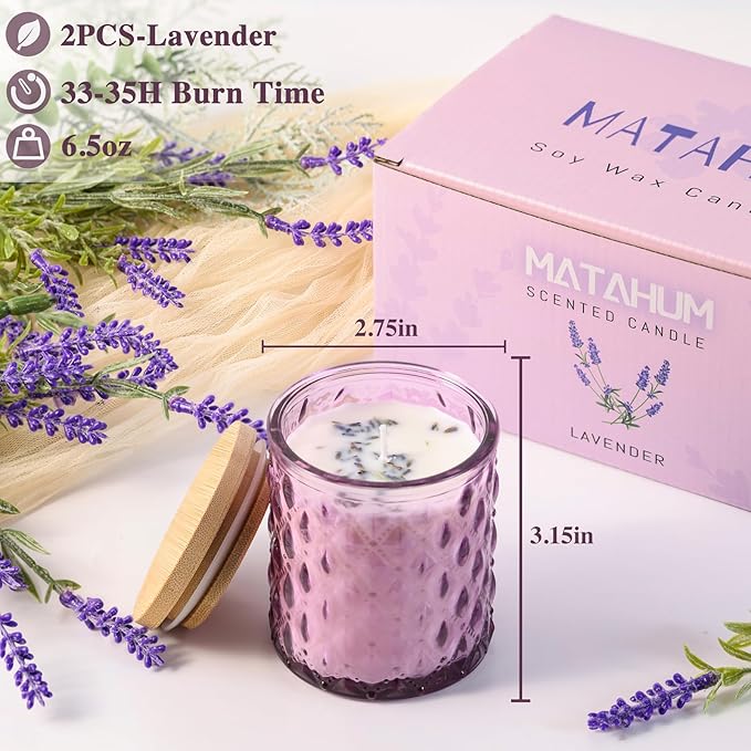 2 Pack Lavender Scented Candles for Home Decor, 6.5oz Natural Soy Wax Aromatherapy Jar Candles, Housewarming Gift for Women