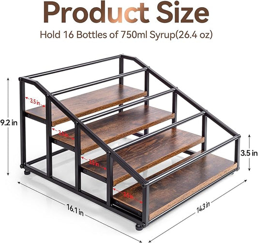 Coffee Syrup Organizer Rack, Liquor Bottle Display Shelf, 4 Tier 16 Syrup Bottles Holder Stand for Coffee Bar Kitchen Small Wine Rack for Family Storage for Syrup Wine Dressing