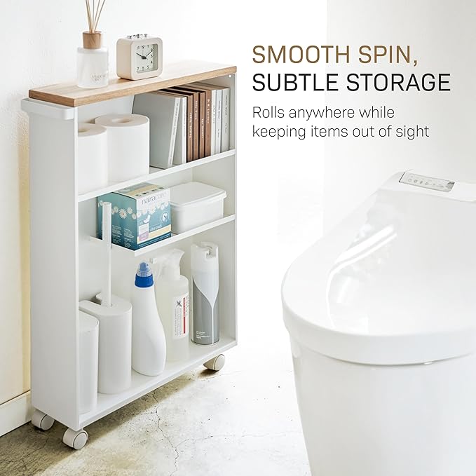 YAMAZAKI Home Slim Rolling Storage Cart – Narrow Bathroom Storage Cabinet with Handle, Slim Bathroom Storage Cart with Wheels, Easy Assembly, Steel + Wood, White
