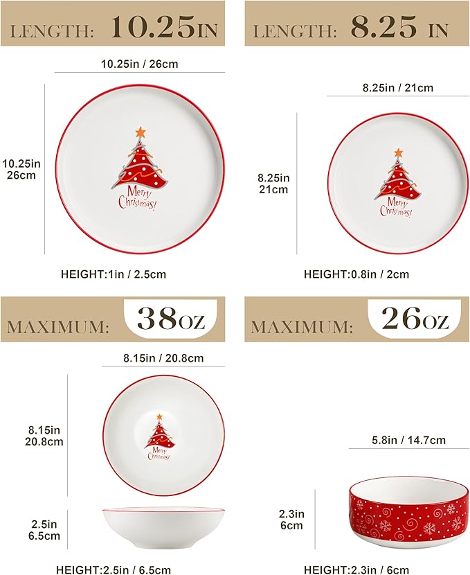 MALACASA Plates and Bowls Sets, 24 Pieces Christmas Porcelain Dinnerware Set for 6, Ceramic Dishware Dishes Kitchen Dining Ware Set, Microwave and Dishwasher Safe, Series LUNA-Christmas Tree