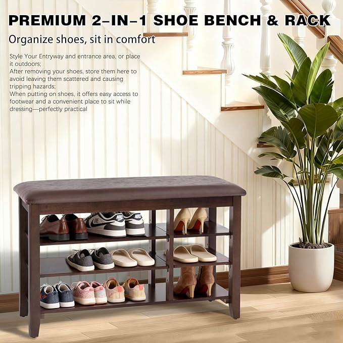 PY HOME & SPORTS Shoe Rack for Entryway 31.5": 3-Tier Shoe Storage Bench,Adjustable/Removable Shelves, Rubberwood Shoe Benches for Hallway, Porch, Bathroom, Brown