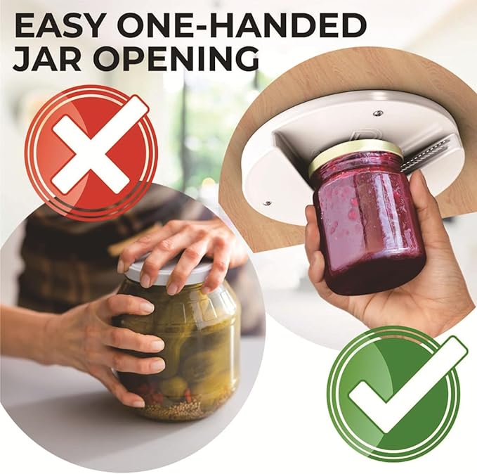 Jar Opener for Seniors & Arthritis - Under Cabinet Mount, Easy Grip for Weak Hands, Effortless Twist to Open Any Jar, Bottle & Lid, Rust-Proof Adjustable Opener