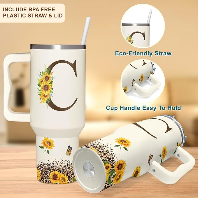 Personalized Birthday Gifts For Women - Sunflowers Monogrammed Cup For Boss Day, Christmas - Customized Gifts For Women, Mom, Wife, Coworkers, Boss Lady, Her - Custom Tumbler With Handle 40oz