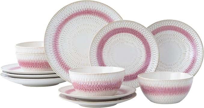 Dinnerware Set Pink Stoneware 12 Pieces Service for 4, Stoneware Plates and Bowls Set, Dishwasher Microwave Safe Dishes set