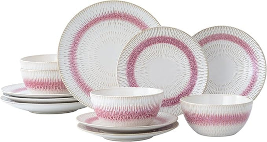 Dinnerware Set Pink Stoneware 12 Pieces Service for 4, Stoneware Plates and Bowls Set, Dishwasher Microwave Safe Dishes set