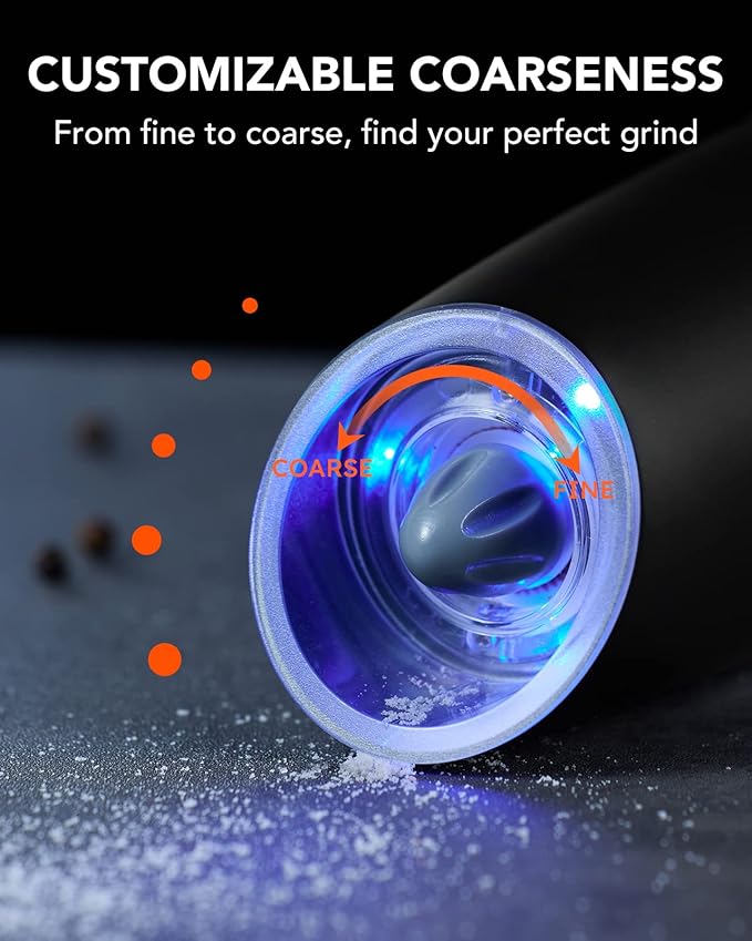 FORLIM Gravity Electric Salt and Pepper Grinder Set, Automatic Pepper Grinder Shakers Mill, Upgraded Batteries Powered Adjustable Coarseness with LED, One Hand Operation Perfect for Kitchen(Black)