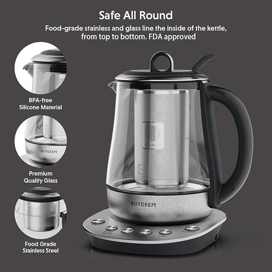 BUYDEEM K2423 Tea Maker, 316 Stainless Steel & Heat Resistant DURAN Glass Electric Kettle, 5 Temperature Settings, Removable Infuser, Auto Keep Warm, 1.2L