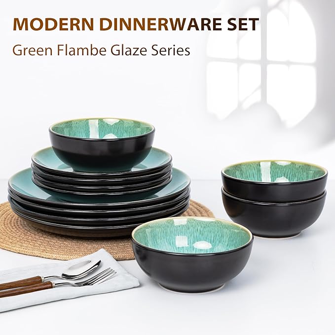 Plates and Bowls Sets for 6 - CJDC-QUELO 24-Piece Stoneware Dinnerware Sets, Ceramic Dishware Set for Indoor Kitchen Use and Formal Dining, Chip and Scratch Resistant Microwave Dishwasher Safe, Green
