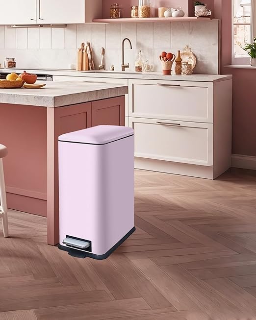 Kitchen Rubbish Bin, 30 L, Slim Pedal Bin with Lid, Stainless Steel Kitchen Rubbish Bin with Inner Bucket, Rectangular Waste Bin for Kitchen, Bathroom, Bedroom, Office, Pink