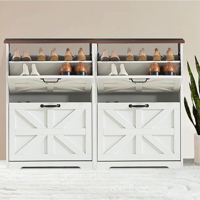 Shoe Storage Cabinet with 3 Flip Drawers, Farmhouse Shoe Organizer with Barn Door Design, Space-Saving Hidden Narrow Shoe Rack Cabinet for Entryway, Hallway & Foyer，White