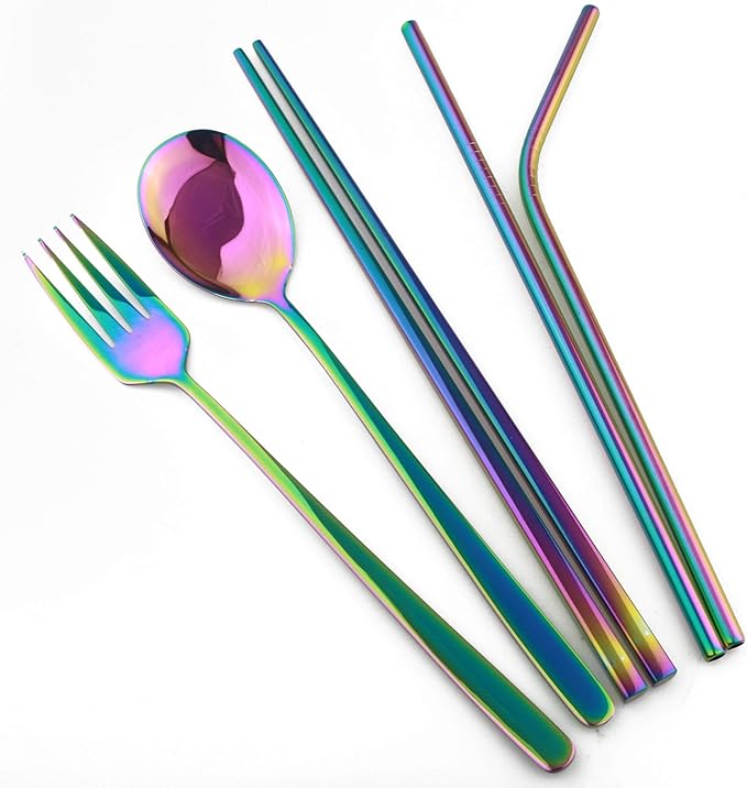 304 Stainless Steel Flatware Set Reusable Utensils Set with Straws Portable Travel for Camping Hiking,Dishwasher Safe,Set of 7, Mirror Colorful Rainbow