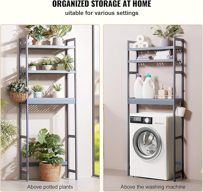 VEVOR Over the Toilet Storage, 3-Tier Adjustable Over Toilet Bathroom Organizer, Bamboo Storage Shelf Rack with 3 Hooks, Freestanding Easy Assembly Laundry Space Saver, Fit Most Toilets, Gray