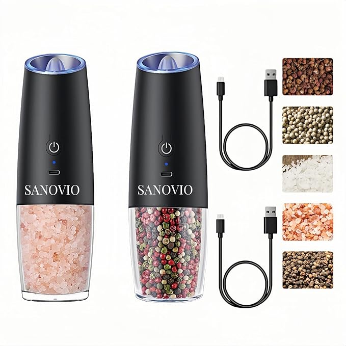 Gravity Electric Salt and Pepper Grinder Set,USB-C Rechargeable, No Battery Needed,One-Touch Automatic Shakers, Adjustable Coarseness, Kitchen Utensils for Dining Cooking(Black，2 Pack)