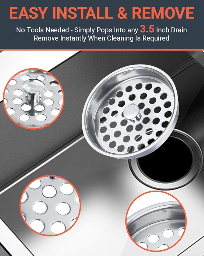 3-1/2 Inch Commercial Sink Strainer - 304 Stainless Steel Clog-Free Drain Cover, Precision Fit for 3.5" Drains & 3 Compartment Sinks, Heavy-Duty for High-Volume Kitchens