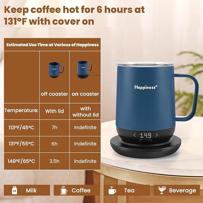 Happiness Smart Heated Coffee Mug,12oz Rechargeable Electric Self Heating Temperature Control Coffee Cup