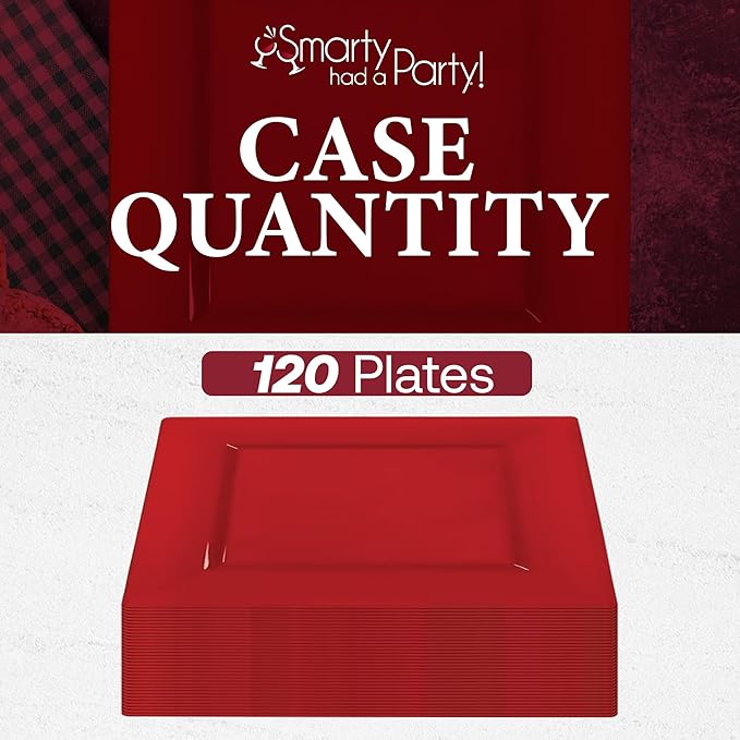 Smarty Had A Party 120 Red Square Plates for Salad 6.5" – Heavy-Duty Disposable Tableware for Weddings – Red Plastic Dessert Plates 120 Guests, High-End, Versatile Look