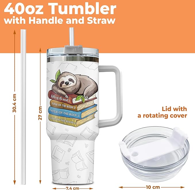 Personalized Sloth Tumbler 40oz with Handle & Straw - Cute Sleeper Sloth & Books Tumbler - Valentine Mother Father's Day Birthday Gifts - Custom Name Stainless Steel Travel Coffee Cup