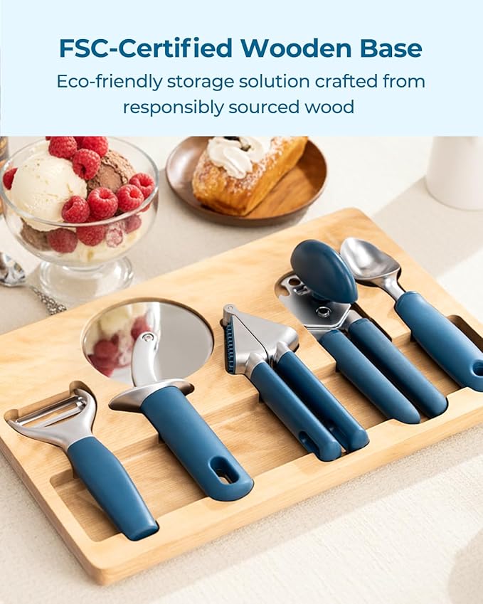 OOU Kitchen Gadget Set, 5 Piece Premium Zinc Alloy Kitchen Tools with Ergonomic TPE Handles – Includes Can Opener, Pizza Cutter, Garlic Press, Ice Cream Scoop, Peeler, and Wooden Storage Tray