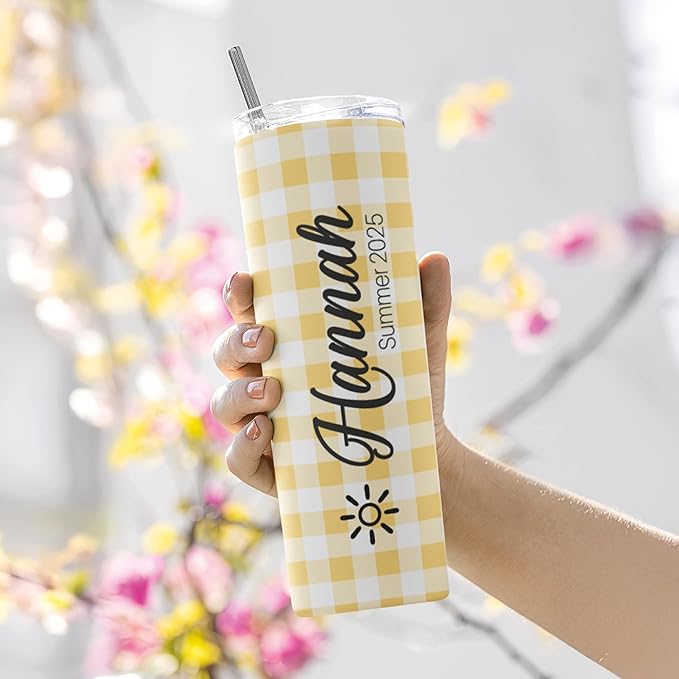 Personalized 20 Oz Skinny Tumbler - Customizable with Name & Icon, BPA-Free Stainless Steel, 6 Color Styles, Includes Straw - Custom Gifts for Summer