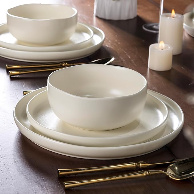 AmorArc Stoneware Dinnerware Sets, Wavy Rim Ceramic Plates and Bowls Sets, Highly Chip and Crack Resistant | Dishwasher & Microwave & Oven Safe Dishes set, Service for 6 (18pc)