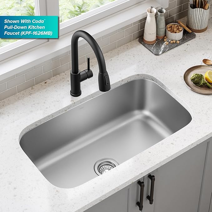 Kraus 31 1/2 Inch Stainless Steel Kitchen Sink, Durable 18 Gauge Single Bowl Kitchen Sinks Undermount, KBU14