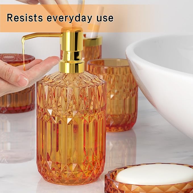 Orange Bathroom Accessories Set, 5 Pcs Clear Glass Bathroom Accessories with Lotion Soap Dispenser, Soap Dish, Toothbrush Holder, Tumbler, Cotton Swab Jars