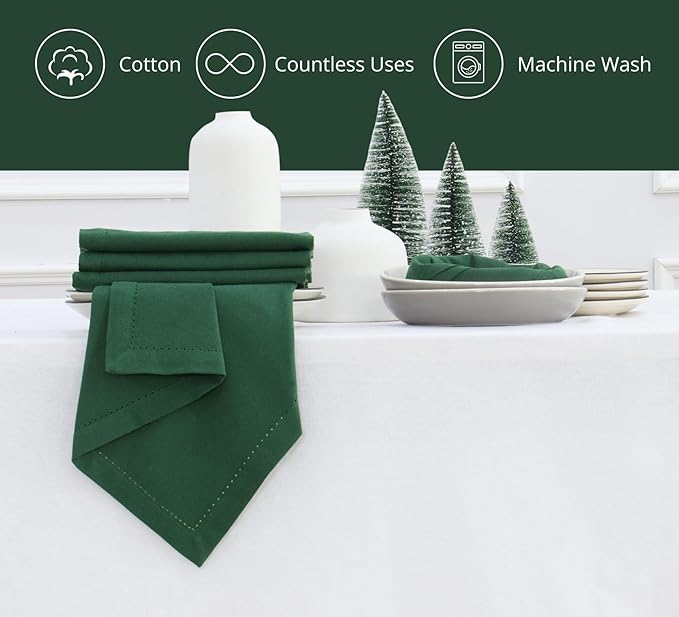 PurpleEssences Set of 6 Hemstitch Cloth Dinner Napkins 100% Cotton - Soft Durable Washable - Ideal for Wedding Christmas Holiday Winter - Perfect Everyday Use Table Linen 18x18 - Forest Green
