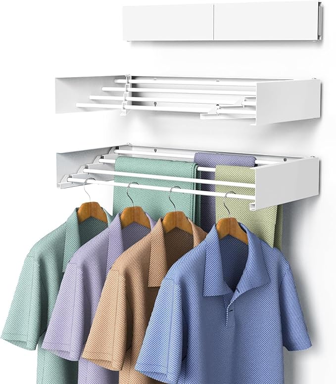 Laundry Drying Rack, Collapsible Wall Mounted Clothes Drying Rack - Drying Rack Clothing Foldable,Space Saving, 31.5" Wide, 13.2 Linear Ft, 5 Aluminum Rods, 60 lb Capacity (White, 23.6")