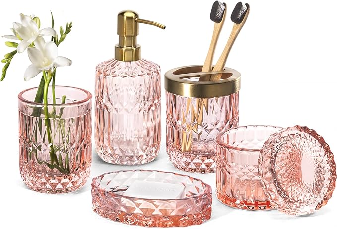 EMPO 6PCS Bathroom Clear Glass Accessories Set (Lotion Soap Dispenser, Soap Dish, Toothbrush Holder, Tumbler, Cotton Swab Jar), Contemporary Modern Decor Crystal Vintage Gift (6pcs Light Pink)