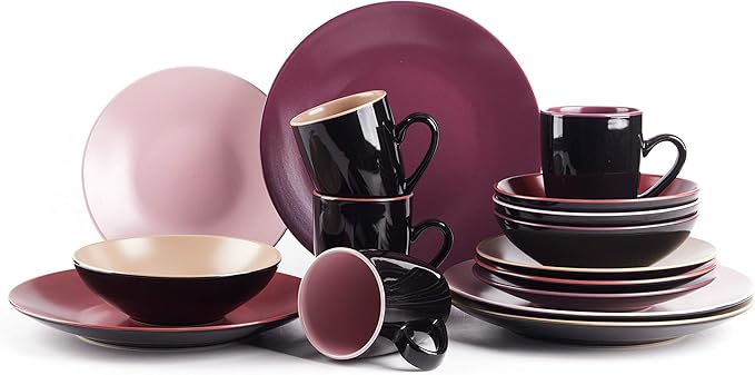 Colors Life 16pc Dinnerware Set，Very Berry - 4 Assorted Colors Beige, Berry, Plum, and Rose