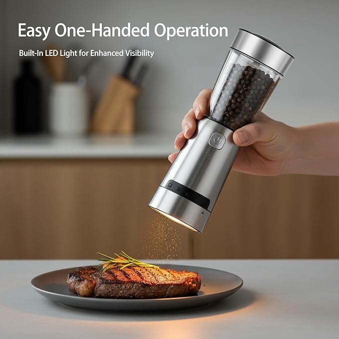 Electric Salt and Pepper Grinder Set, with LED Lights, Stainless Steel Automatic Pepper & Salt Mill with 5 Adjustable Coarseness (Upgraded Larger Capacity 150 ML)