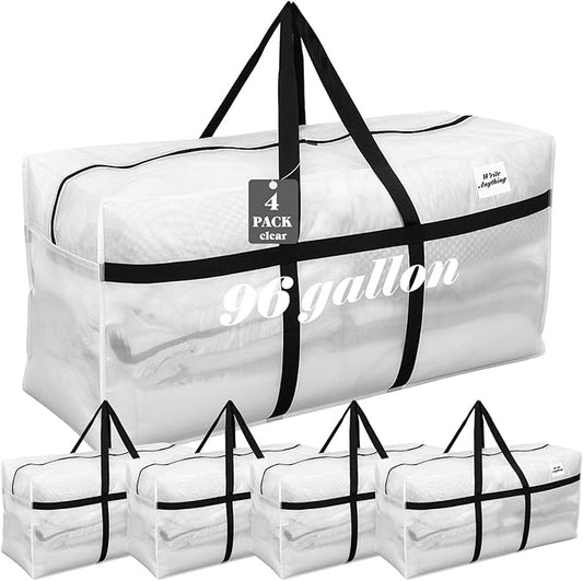 4 Pcs 96 Gallon Large Moving Bags with Zipper and Handles Foldable Storage Duffle Bags Heavy Duty Extra Large Totes for College Dorm Travel Clothes Blankets Bedding Moving (Clear)
