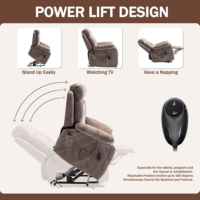 Oversized Power Lift Recliner Chair for Elderly with Massage Heat, Light Brown Velvet Electric Lay Flat Recliners with Cup Holders, Side Pockets, Infinite Position, Gift for Family