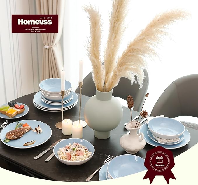 Stoneware Coupe Shape 12pc Dinnerware Set, Outside White + Inside Blue