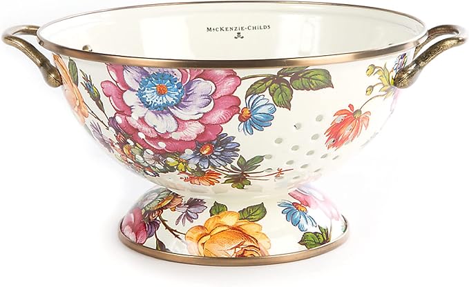MACKENZIE-CHILDS Enamel Colander, Decorative Kitchen Strainer, Large, White Flower Market