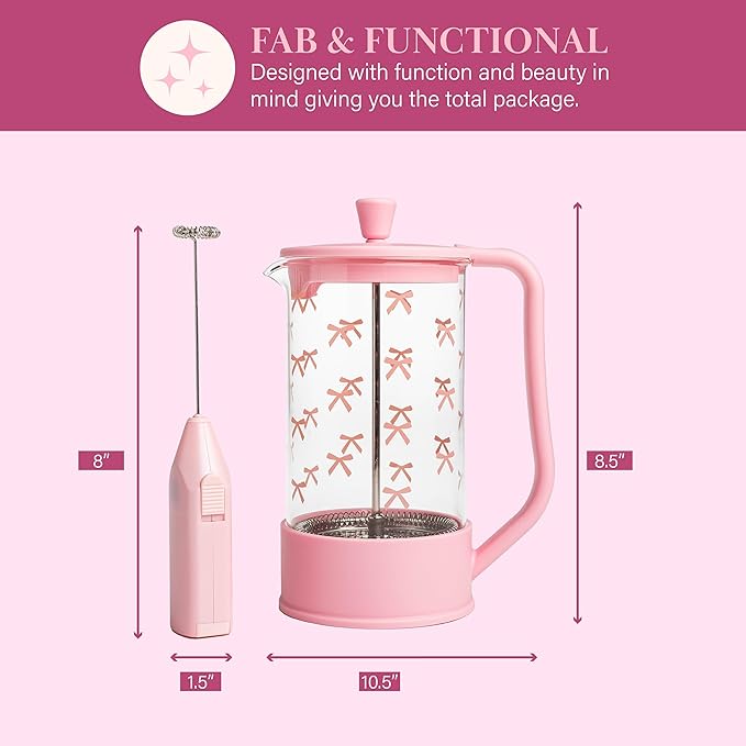 Paris Hilton Bow Design French Press and Frother Coffee Gift Set, Includes a 8-Cup Coffee Press and Battery Operated Handheld Milk Frother, 2-Piece Set, Pink