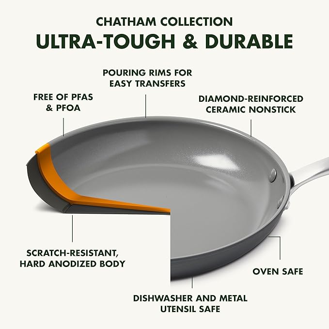 GreenPan Chatham Hard Anodized Healthy Ceramic Nonstick 10 Piece Cookware Pots and Pans Set, Frying Pan Skillets, Saucepans, Saute Pan, Stockpot, Lids, PFAS-Free, Dishwasher & Oven Safe, Gray