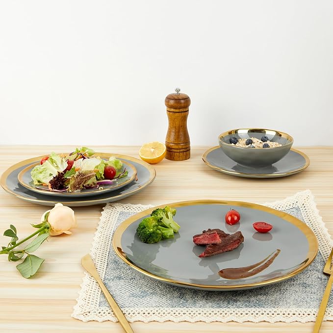 Porcelain Luxury Dinnerware Sets, Modern Plates and Bowls Sets for 4, Highly Chip and Crack Resistant, Grey and Gold Rim China Dishes Set for Wedding Anniversary